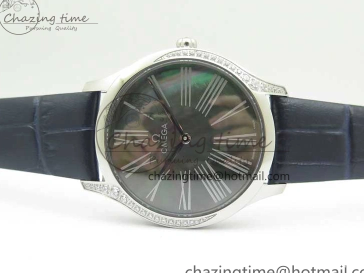 0701 UrbanChic Ladies’ De Ville Trésor Diamond SS 3AF 1:1 Best Edition Black MOP Dial On Black Leather Strap Swiss Quartz 7878